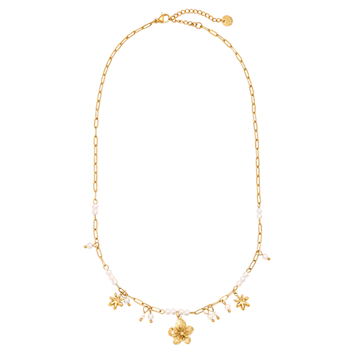 Goudkleurige Pearly Flower ketting met bloemenhangers en parels – elegante all-season damesketting met tijdloos design