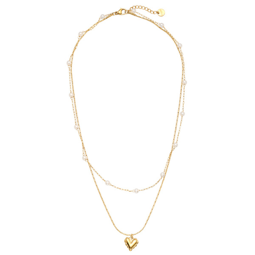 Pearly Heart Ketting met dubbele laagjes, subtiele parels en goudkleurige hartvormige hanger voor een chique en romantische uitstraling