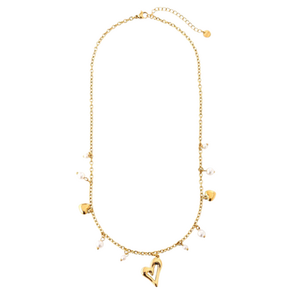 Pearly Love Ketting met goudkleurige hartjes, pareldetails en open hart-hanger voor een elegante en romantische look