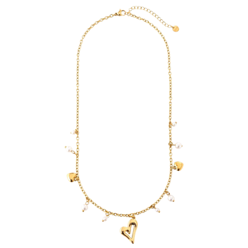 Pearly Love Ketting met goudkleurige hartjes, pareldetails en open hart-hanger voor een elegante en romantische look