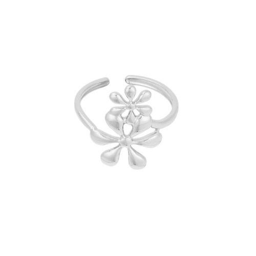 Zilverkleurige verstelbare ring met dubbele bloemdesign – Petal Bloom Ring van roestvrij staal