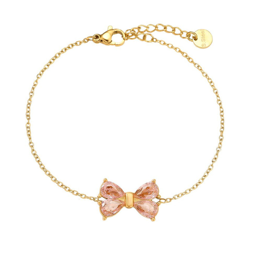 Goudkleurige Pink Bow Armband met roze strik detail, verstelbare RVS armband perfect te combineren met Shiny Bow Studs