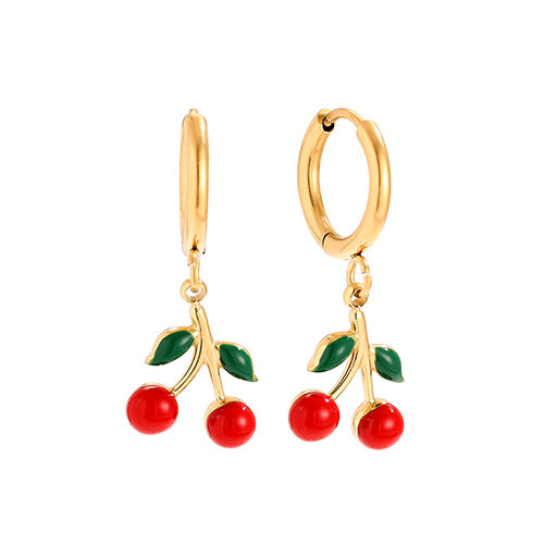 Goudkleurige red cherry oorbellen met rode kersen en groene blaadjes – speelse dames sieraden met fruit design van roestvrij staal