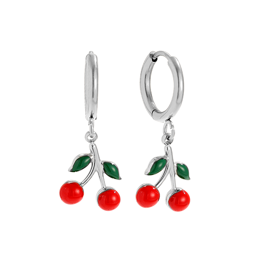 Goudkleurige red cherry oorbellen met rode kersen en groene blaadjes – speelse dames sieraden met fruit design van roestvrij staal