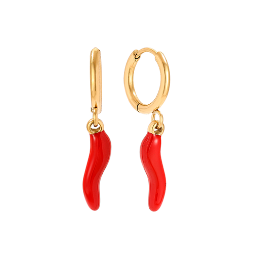 Goudkleurige oorringen met rode peper hanger – trendy statement oorbellen voor dames van stainless steel