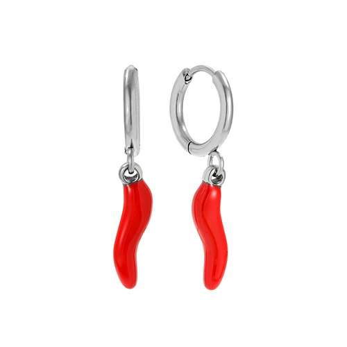 Zilverkleurige oorringen met rode peper hanger – trendy statement oorbellen voor dames van stainless steel