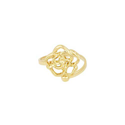 Goudkleurige open roos en een rond lopende rvs ring met een bolletje – romantisch sieraad.