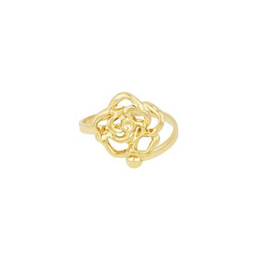 Goudkleurige open roos en een rond lopende rvs ring met een bolletje – romantisch sieraad.