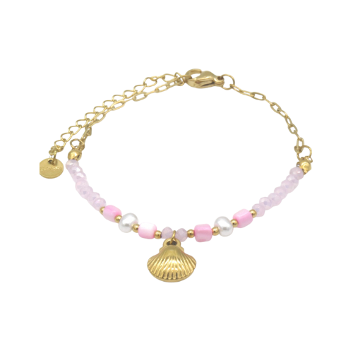 Roze armband met goudkleurige schelpbedel en glass beads – Sea Breeze Roze, roestvrij staal en verstelbaar