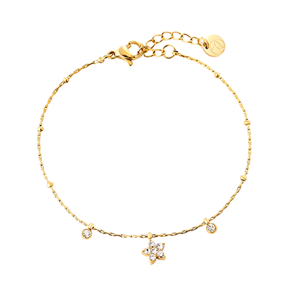 Goudkleurige damesarmband met glinsterende bloemvormige zirkonia hanger – shiny flower armband van roestvrijstaal