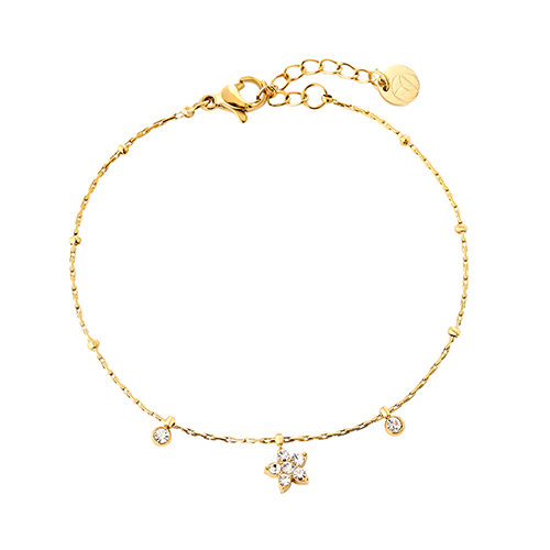 Goudkleurige damesarmband met glinsterende bloemvormige zirkonia hanger – shiny flower armband van roestvrijstaal