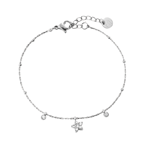 Zilverkleurige damesarmband met glinsterende bloemvormige zirkonia hanger – shiny flower armband van roestvrijstaal