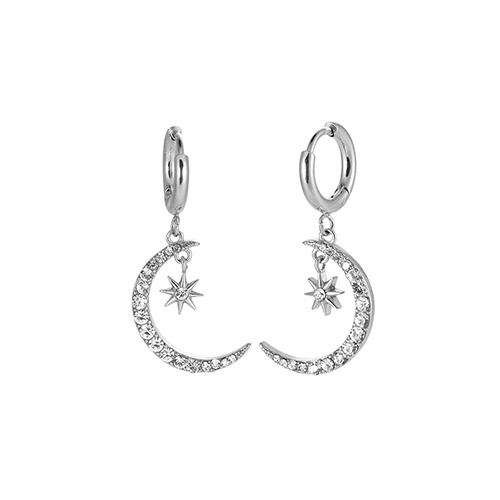 Zilverkleurige Shiny Moon oorbellen met glinsterende zirkonia steentjes in maan- en stervorm – elegante en dromerige damesoorbellen
