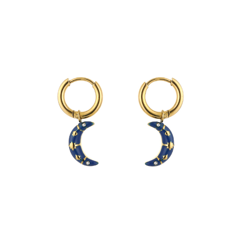 Stijlvolle maanoorbellen met blauwe emaille en gouden details in de vorm van sterren en planeten, perfect voor een speelse look.