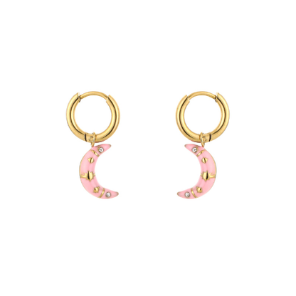 Goudkleurige oorringen met roze maanhangers, versierd met gouden sterren en strass steentjes – speelse en vrouwelijke oorbellen.