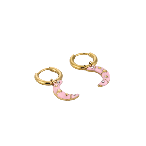 Set roze maanoorbellen met gouden accenten en steentjes – opvallende sieraden met een kosmisch design.
