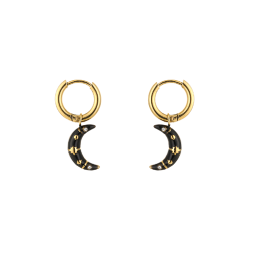 Goudkleurige oorringen met zwarte maanhangers, versierd met gouden sterren en glinsterende steentjes – elegante en mysterieuze oorbellen.