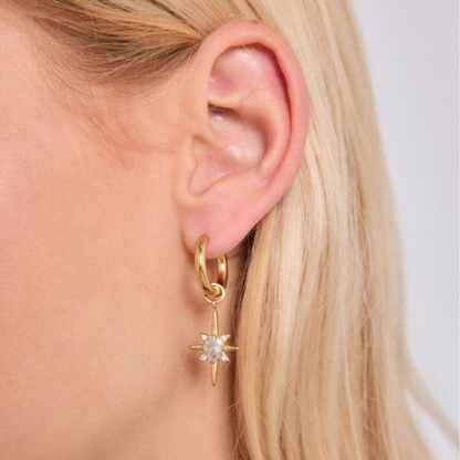 Goudkleurige oorbellen in stervorm met zirkonia gedragen in het oor