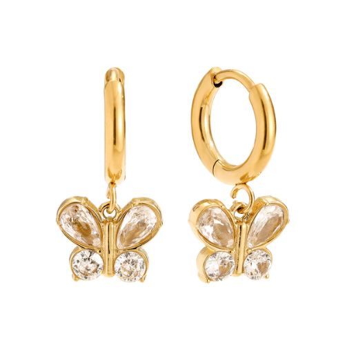 Goudkleurige oorbellen met vlinderhanger en zirkonia details – elegante en tijdloze sieraden voor elke gelegenheid