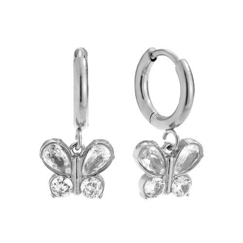 Zilverkleurige oorbellen met vlinderhanger en zirkonia details – elegante en tijdloze sieraden voor elke gelegenheid