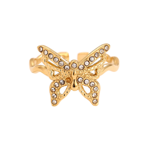Goudkleurige Shiny Vlinder Ring met sprankelende steentjes en verstelbare pasvorm, stijlvolle RVS ring in vlindervorm