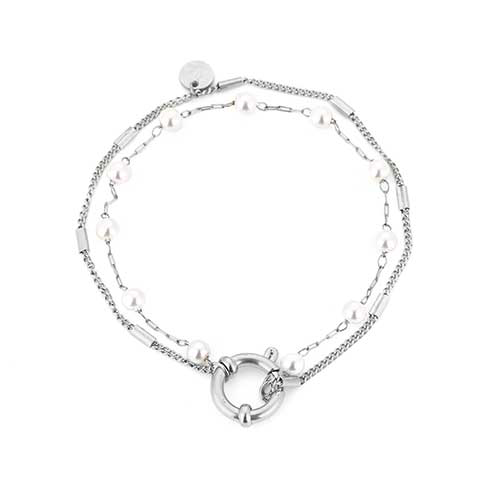 Zilverkleurige RVS tweelaagse armband met parels en sluitring – stoer minimalistisch design.