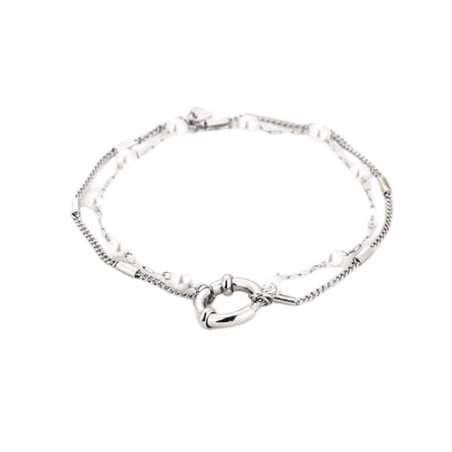Liggende zilverkleurige roestvrijstalen tweelaagse armband met parels en sluitring – stoer en minimalistisch design.