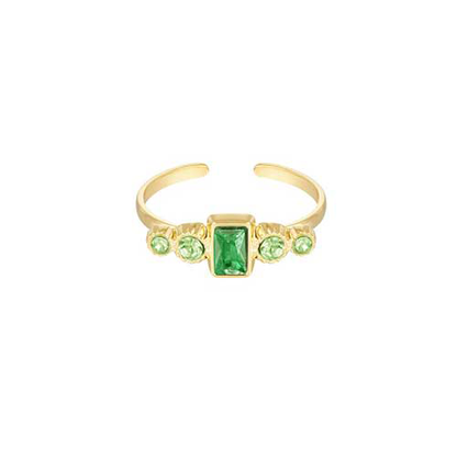 Gouden RVS ring met rechthoekig groen kristal en groene kristallen bolletjes – verfijnd damesaccessoire.