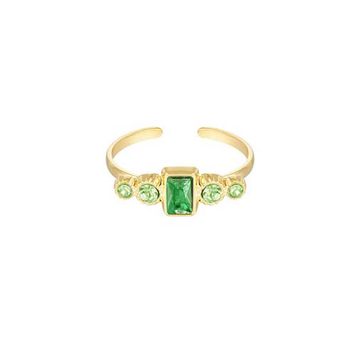 Gouden RVS ring met rechthoekig groen kristal en groene kristallen bolletjes – verfijnd damesaccessoire.