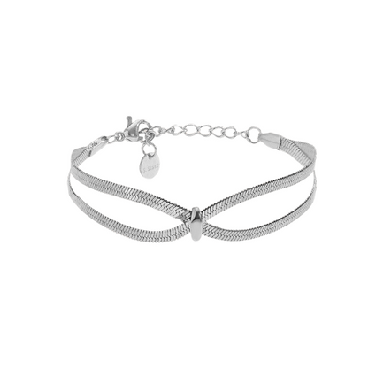 Zilverkleurige damesarmband met dubbele snake chain en gekruist design van roestvrijstaal – snake chain armband met centrale ring