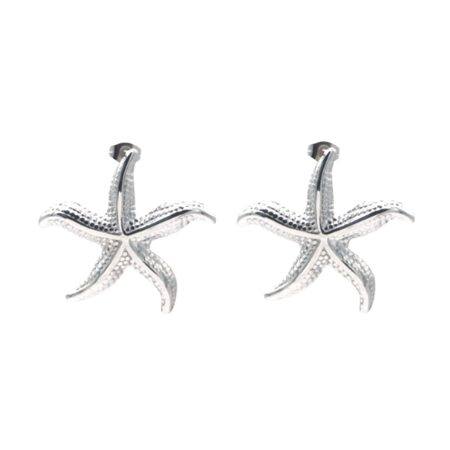 Zilverkleurige roestvrijstalen oorbellen in de vorm van een zeester – Star of the Sea statement oorstekers, ideaal voor strandlooks en zomerse outfits