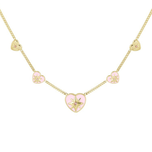 Goudkleurige Starlove ketting met roze hartjes en sterdetails, perfect voor een romantische en stijlvolle uitstraling