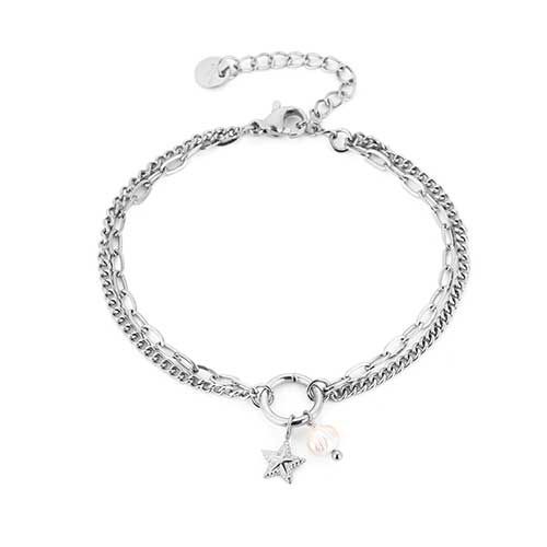 Zilverkleurige tweelaagse roestvrijstalen armband met kleine schakels en een sluitring met een sterbedel en parel – verfijnd en veelzijdig ontwerp.
