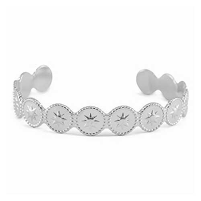 Middelgrote zilverkleurige RVS bangle met ronde vormen en sterren – kosmisch geïnspireerd ontwerp.