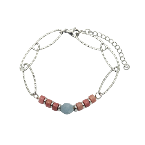 Zilverkleurige armband met schakels en roze kralen en blauwe natuursteen
