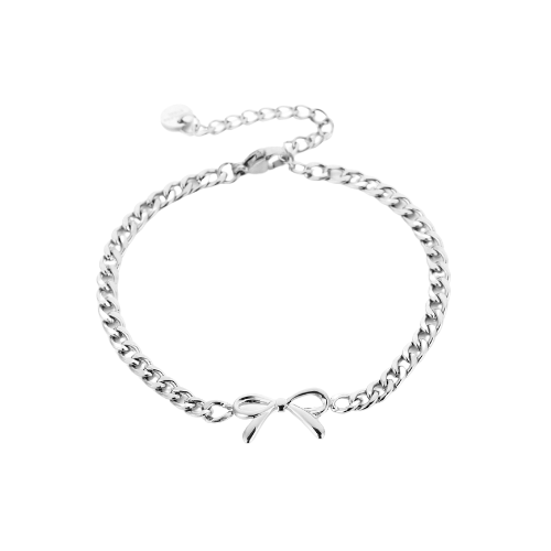 Zilverkleurige schakelarmband met verfijnd strikdetail in het midden – elegant en minimalistisch sieraad van roestvrij staal.