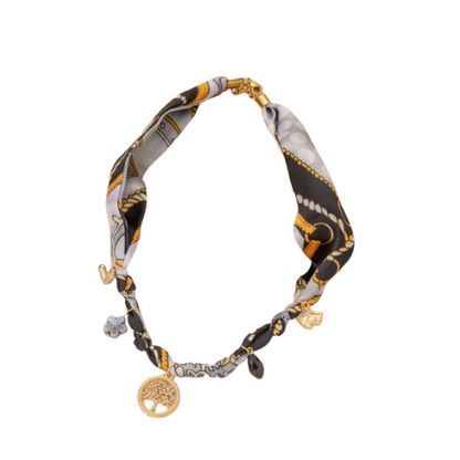 Winterse scarf ketting met bruine tinten en zirkonia steentjes - stijlvolle stoffen ketting van hoogwaardige kwaliteit