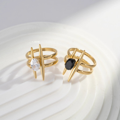 Goudkleurige stainless steel ring met glimmende witte of zwarte steen - stijlvolle verstelbare damesring
