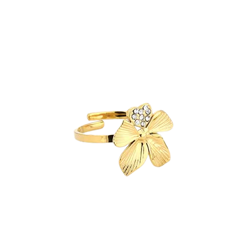 Goudkleurige roestvrijstalen ring met strikdesign en gouden hartje bezet met crystal steentjes, elegante en verfijnde stijl.